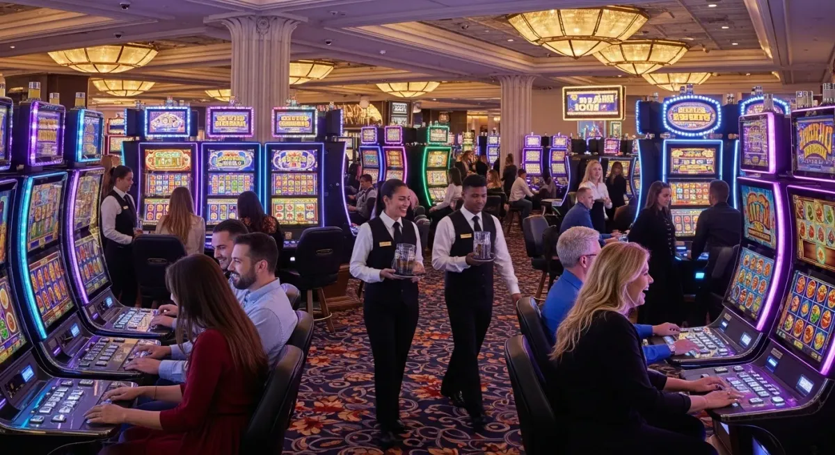 Elvis Frog in Vegas People playing slot machines and casino staff serving drinks