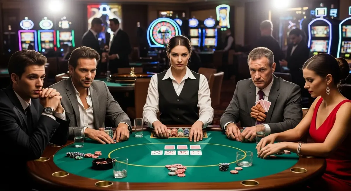 Elvis Frog in Vegas Elegant people playing poker with a female dealer at casino