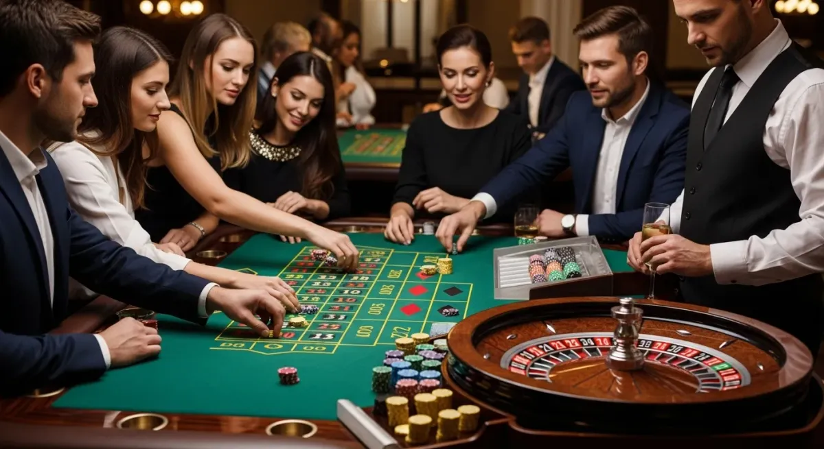 Elvis Frog in Vegas Guests playing roulette, placing bets with chips on a casino table