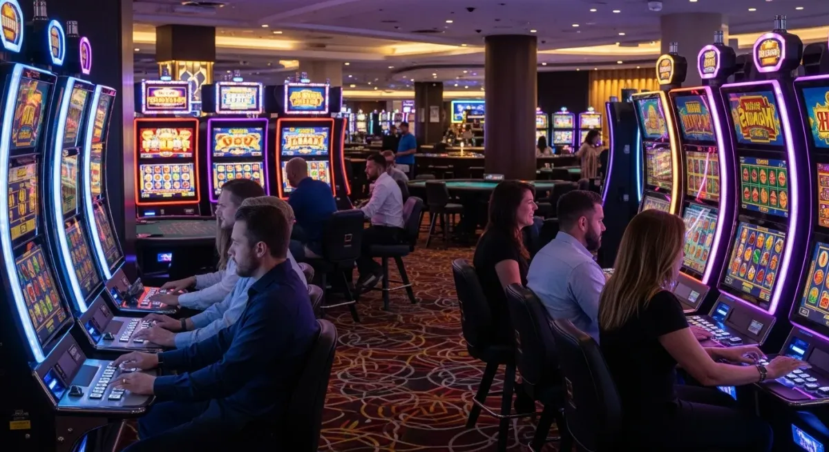 Elvis Frog in Vegas Adults enjoying brightly lit slot machines inside a modern casino