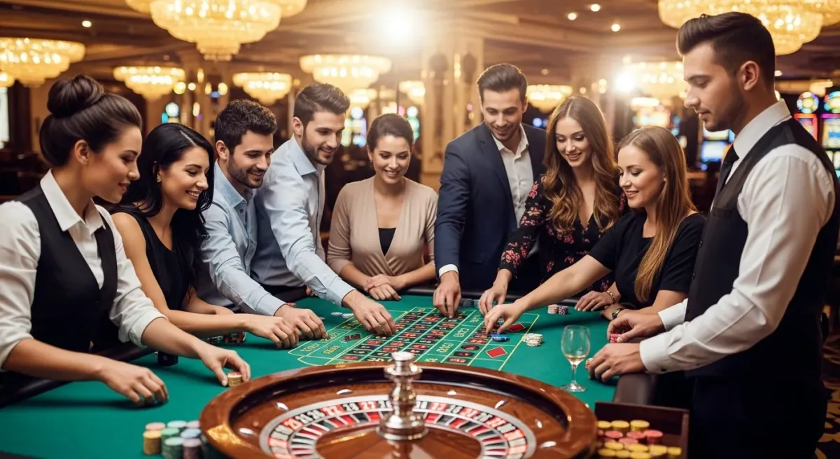 Elvis Frog in Vegas People playing roulette at casino table with dealer
