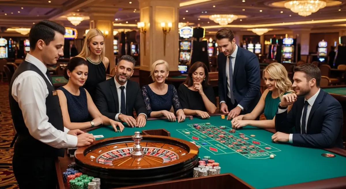 Elvis Frog in Vegas Elegant guests enjoying roulette game with a dealer in a luxurious casino