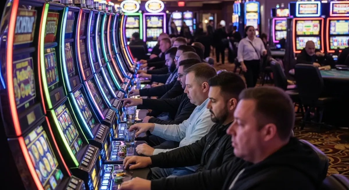 Elvis Frog in Vegas Men gamble on rows of slot machines in a busy casino