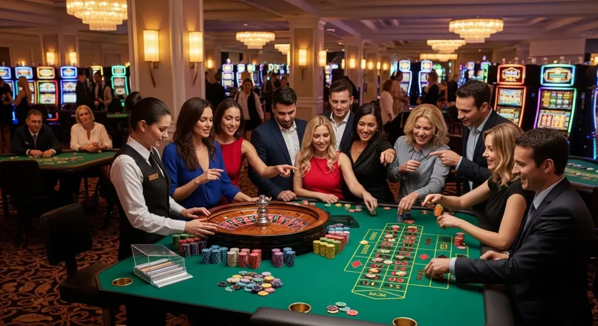 Elvis Frog in Vegas Happy people gambling at a lively casino roulette table