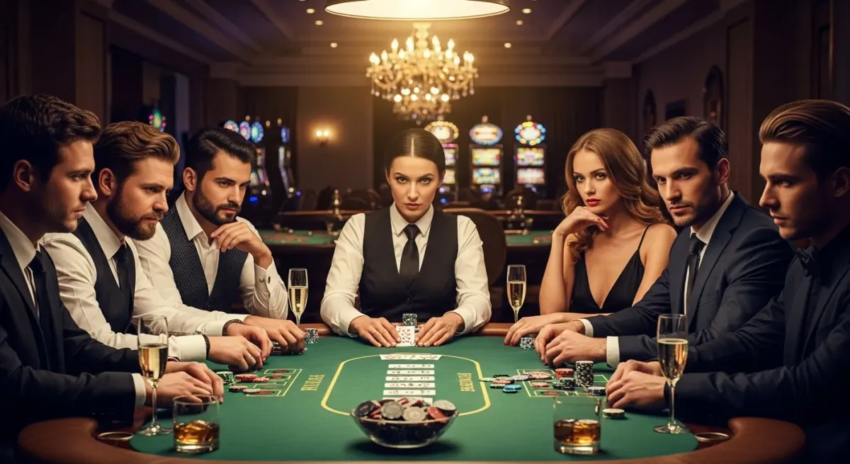 Elvis Frog in Vegas Elegant players and female dealer at a high-stakes casino poker table