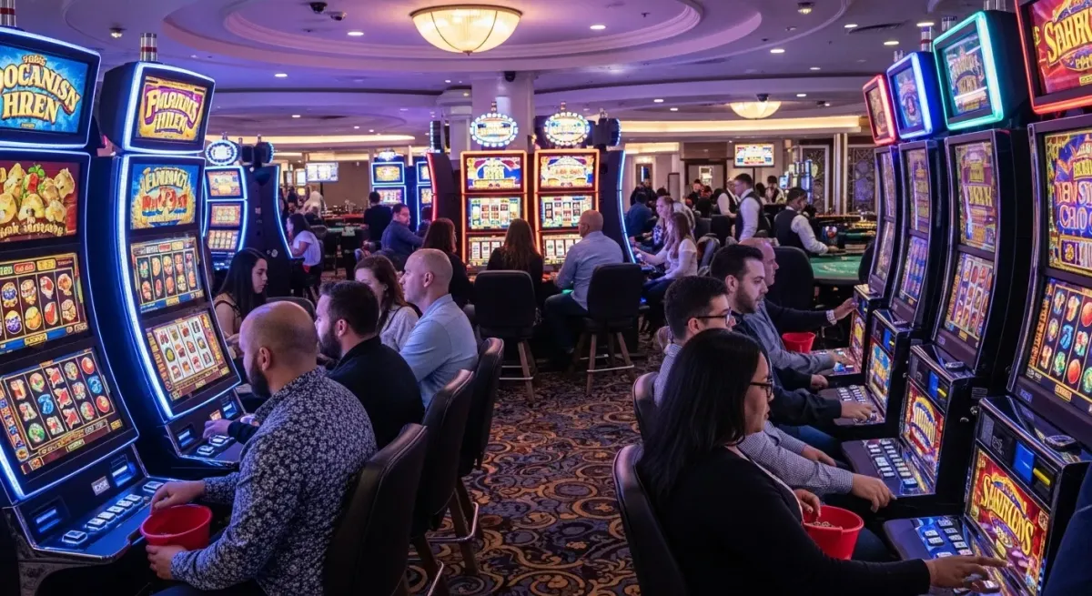 Elvis Frog in Vegas People playing vibrant slot machines in a busy casino