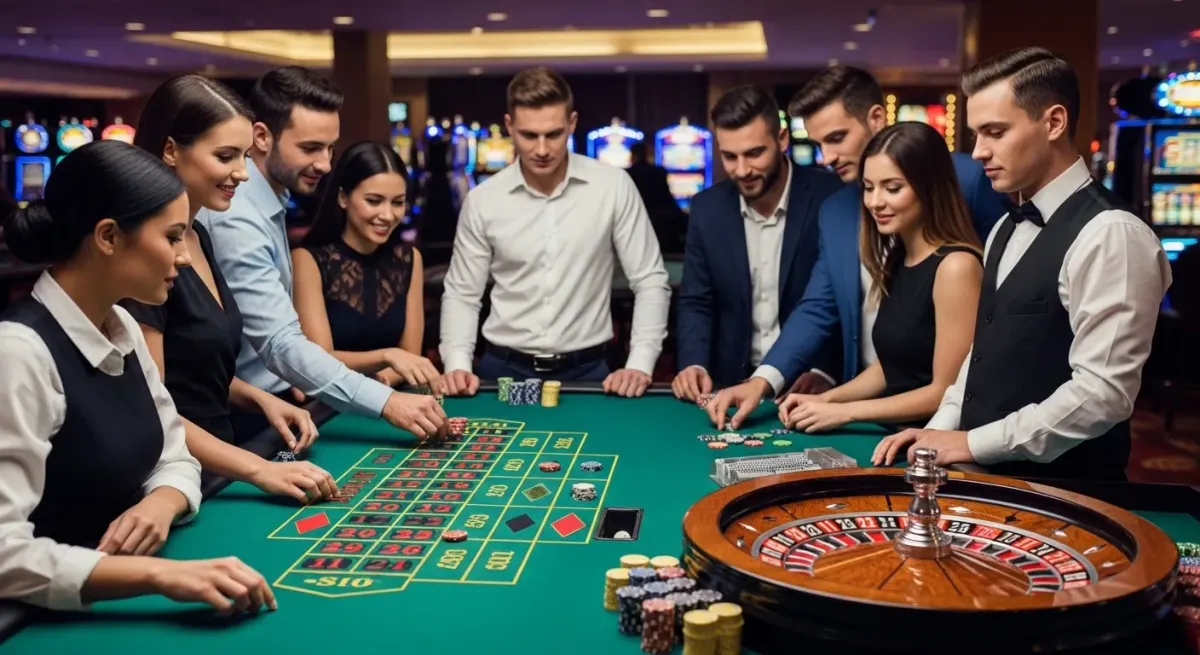 Elvis Frog in Vegas People playing roulette at a casino table with chips and dealer