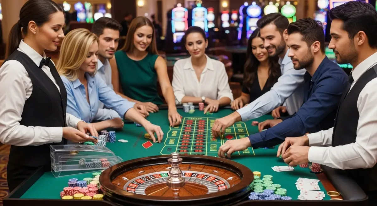 Elvis Frog in Vegas Casino dealer and players gambling at a roulette wheel