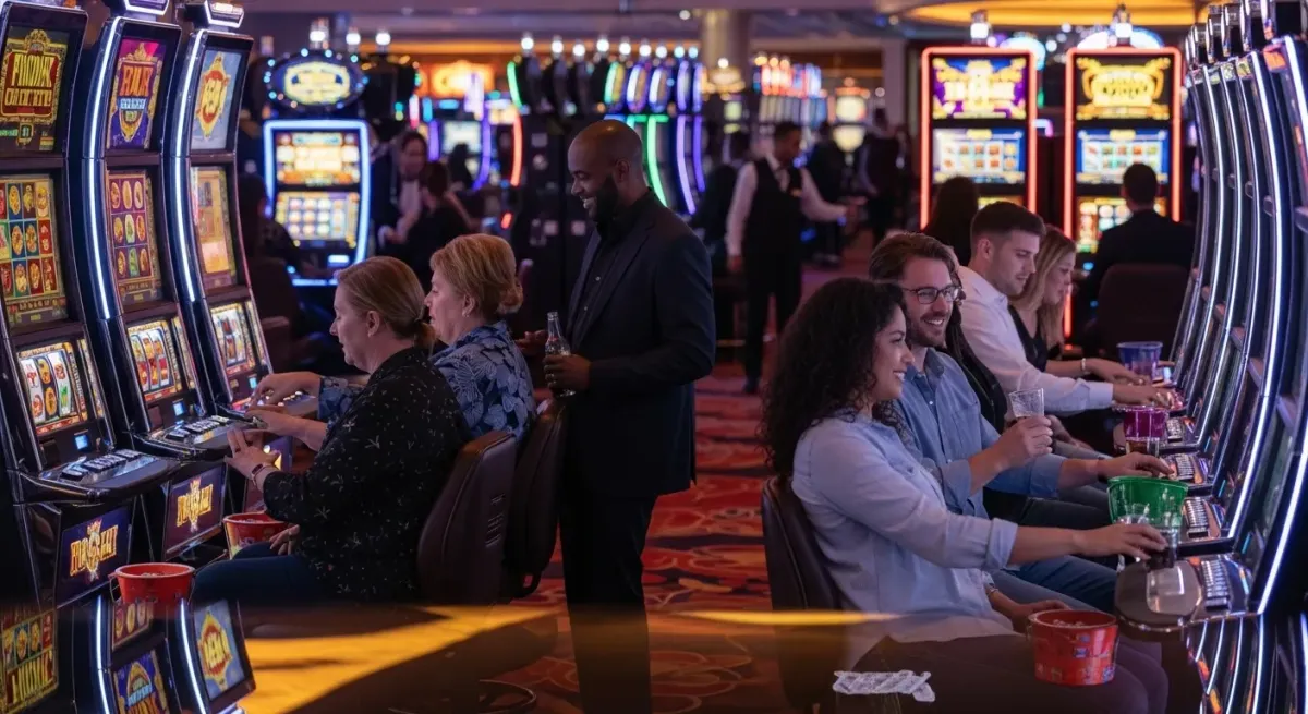 Elvis Frog in Vegas Diverse group playing slot machines in a vibrant casino