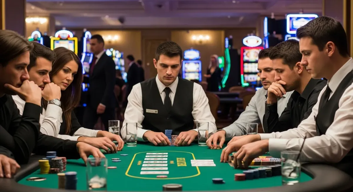 Elvis Frog in Vegas People playing poker with a dealer at a casino table