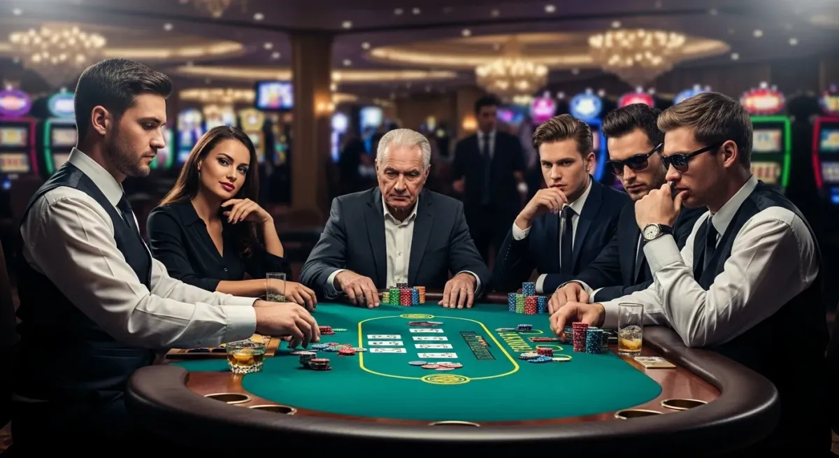 Elvis Frog in Vegas Elegant gamblers playing poker in a lavish casino setting