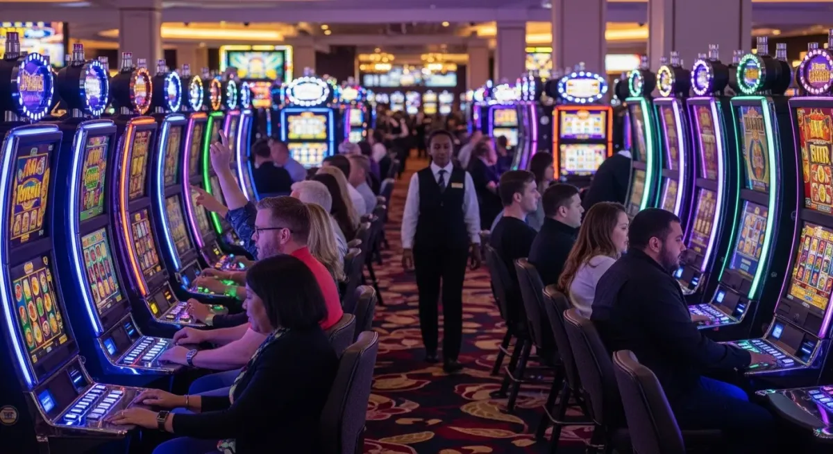 Elvis Frog in Vegas People playing glowing slot machines inside a bustling casino